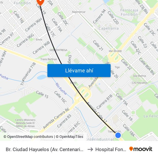 Br. Ciudad Hayuelos (Av. Centenario - Kr 78g) to Hospital Fontibón map