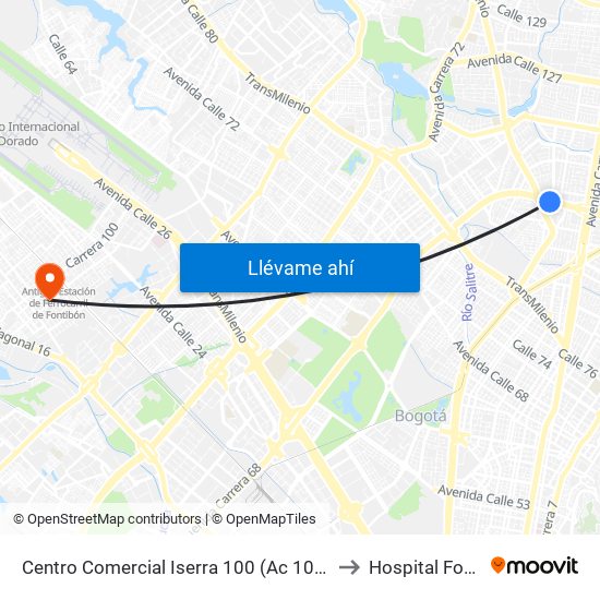 Centro Comercial Iserra 100 (Ac 100 - Kr 54) (B) to Hospital Fontibón map
