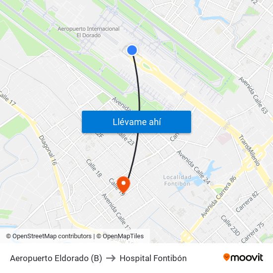 Aeropuerto Eldorado (B) to Hospital Fontibón map