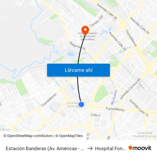 Estación Banderas (Av. Américas - Kr 78a) (A) to Hospital Fontibón map