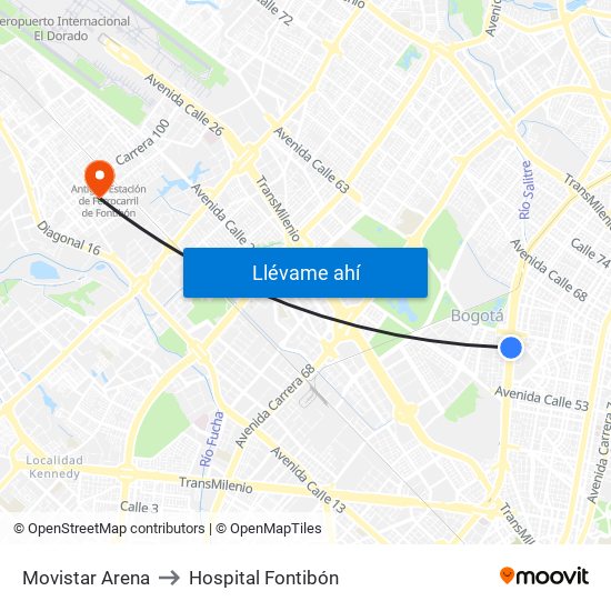 Movistar Arena to Hospital Fontibón map