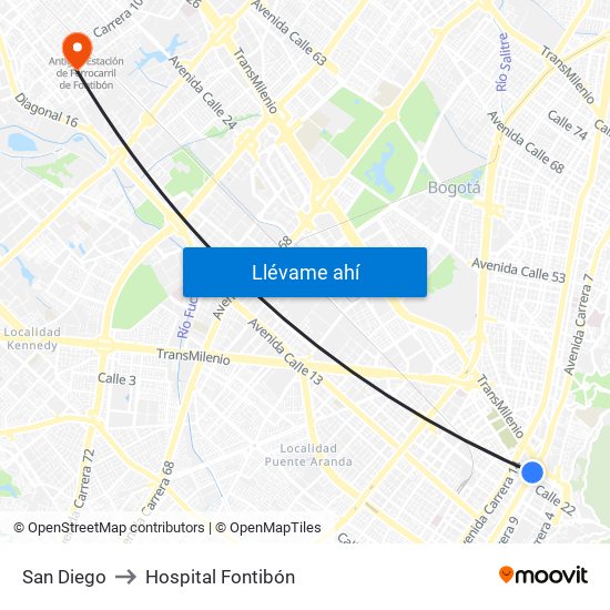 San Diego to Hospital Fontibón map