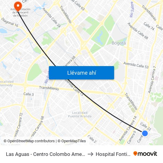 Las Aguas - Centro Colombo Americano to Hospital Fontibón map