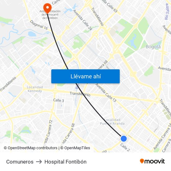 Comuneros to Hospital Fontibón map