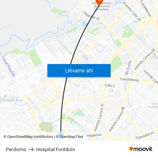 Perdomo to Hospital Fontibón map