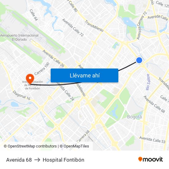 Avenida 68 to Hospital Fontibón map