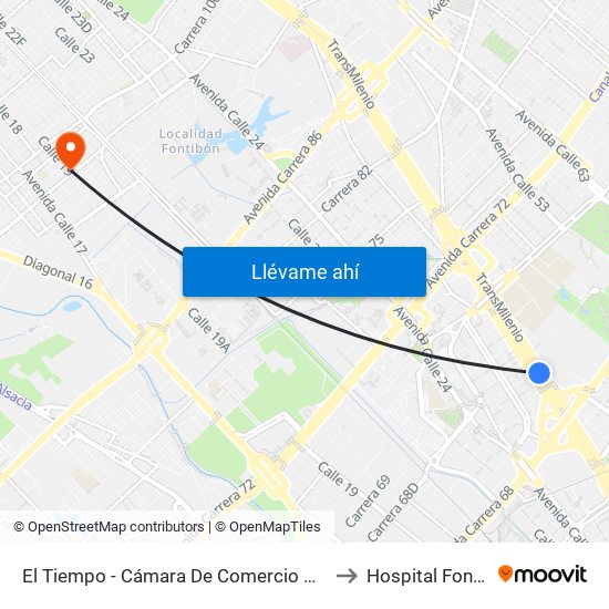 El Tiempo - Cámara De Comercio De Bogotá to Hospital Fontibón map