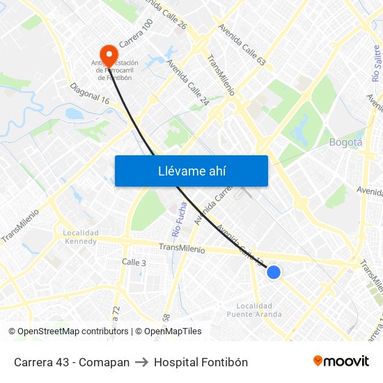 Carrera 43 - Comapan to Hospital Fontibón map