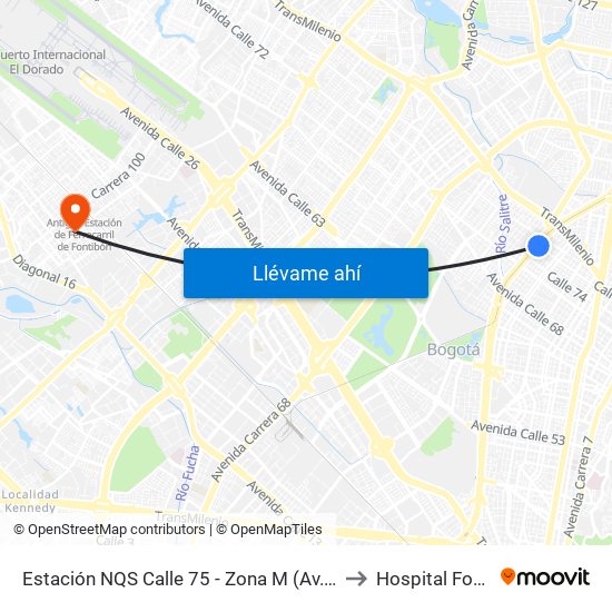 Estación NQS Calle 75 - Zona M (Av. NQS - Cl 75) to Hospital Fontibón map