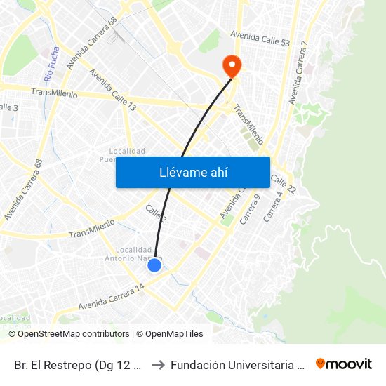 Br. El Restrepo (Dg 12 Sur - Kr 18) to Fundación Universitaria Empresarial map