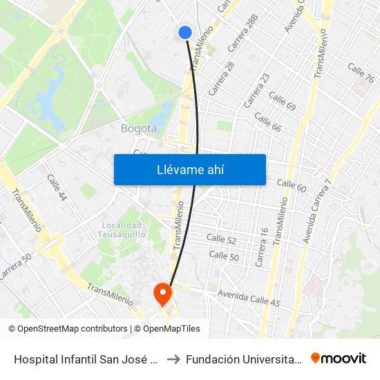 Hospital Infantil San José (Ac 68 - Kr 52) (B) to Fundación Universitaria Empresarial map