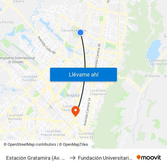 Estación Gratamira (Av. Suba - Cl 132a) to Fundación Universitaria Empresarial map