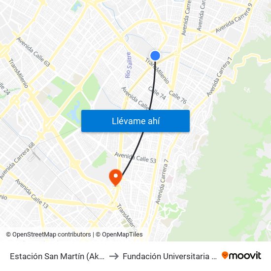 Estación San Martín (Ak 50 - Cl 86b) to Fundación Universitaria Empresarial map
