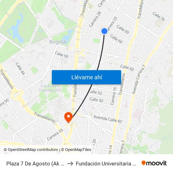 Plaza 7 De Agosto (Ak 24 - Cl 66) to Fundación Universitaria Empresarial map