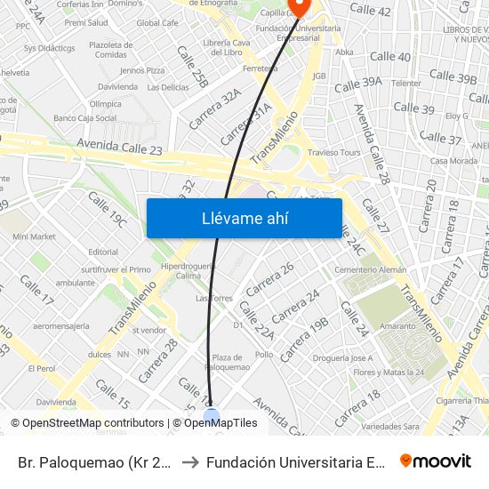 Br. Paloquemao (Kr 22 - Cl 18) to Fundación Universitaria Empresarial map