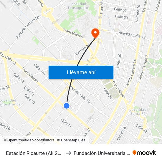 Estación Ricaurte (Ak 27 - Ac 13) (A) to Fundación Universitaria Empresarial map
