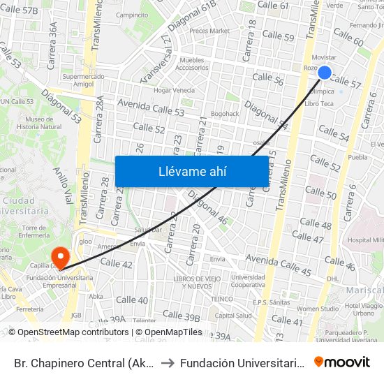 Br. Chapinero Central (Ak 13 - Cl 57) (A) to Fundación Universitaria Empresarial map