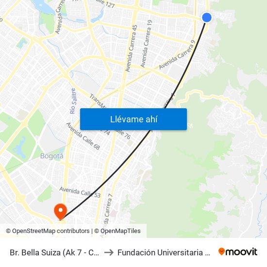 Br. Bella Suiza (Ak 7 - Cl 127a) (A) to Fundación Universitaria Empresarial map