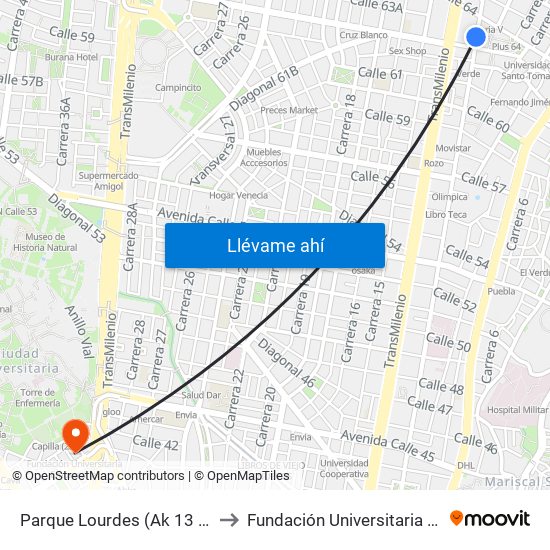 Parque Lourdes (Ak 13 - Cl 63a) (A) to Fundación Universitaria Empresarial map