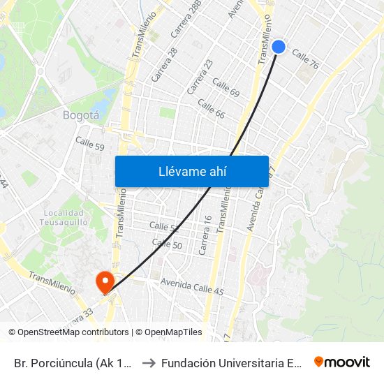 Br. Porciúncula (Ak 15 - Cl 76) to Fundación Universitaria Empresarial map