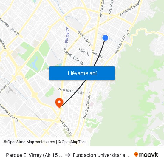 Parque El Virrey (Ak 15 - Cl 87) (A) to Fundación Universitaria Empresarial map