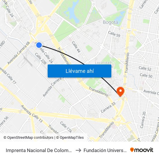Imprenta Nacional De Colombia (Av. Esperanza - Kr 65) to Fundación Universitaria Empresarial map