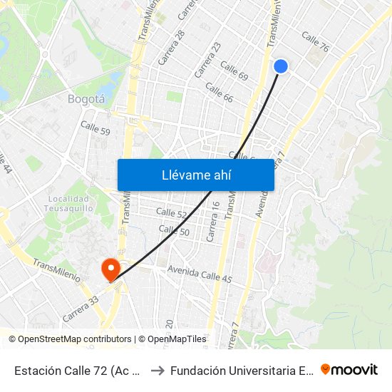 Estación Calle 72 (Ac 72 - Kr 13) to Fundación Universitaria Empresarial map