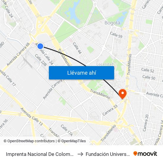Imprenta Nacional De Colombia (Av. Esperanza - Kr 66) to Fundación Universitaria Empresarial map