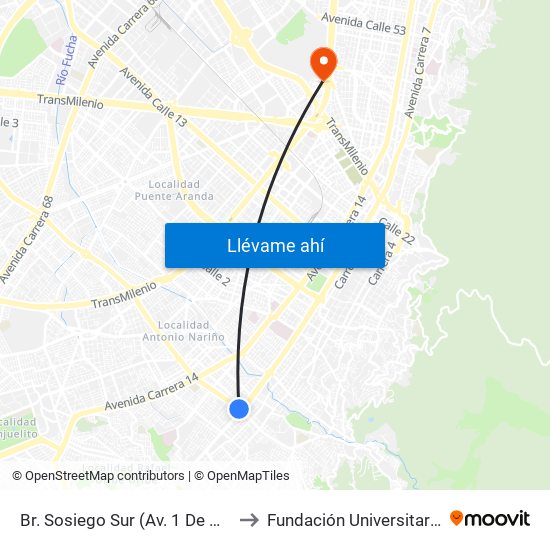 Br. Sosiego Sur (Av. 1 De Mayo - Kr 10a) (A) to Fundación Universitaria Empresarial map