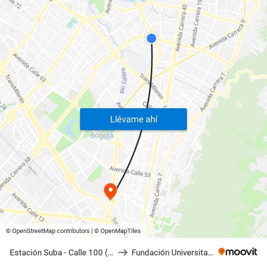 Estación Suba - Calle 100 (Ac 100 - Kr 60) (A) to Fundación Universitaria Empresarial map