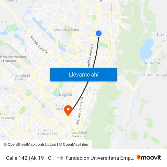 Calle 142 (Ak 19 - Cl 142) to Fundación Universitaria Empresarial map