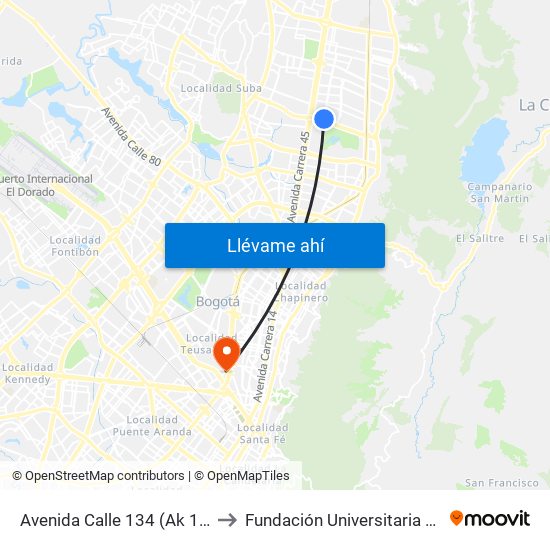 Avenida Calle 134 (Ak 19 - Ac 134) to Fundación Universitaria Empresarial map