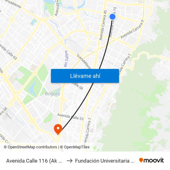 Avenida Calle 116 (Ak 19 - Cl 114) to Fundación Universitaria Empresarial map