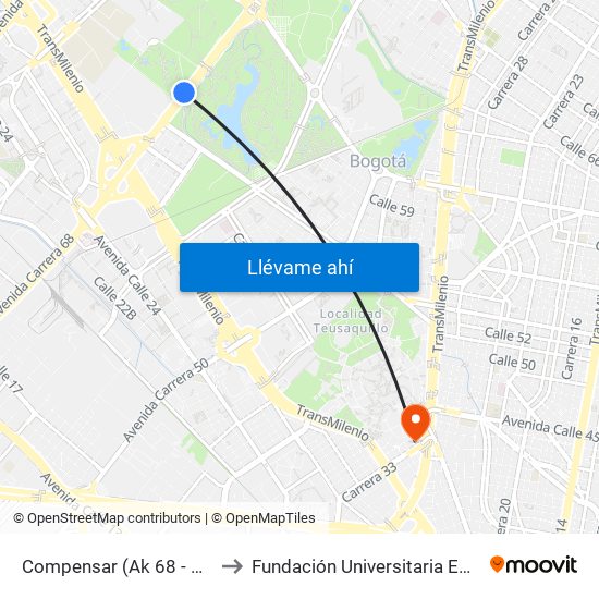 Compensar (Ak 68 - Cl 49) (A) to Fundación Universitaria Empresarial map