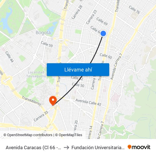 Avenida Caracas (Cl 66 - Av. Caracas) to Fundación Universitaria Empresarial map
