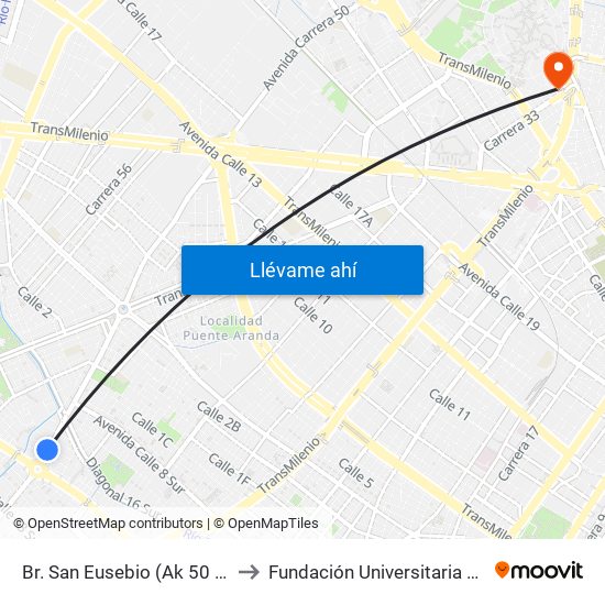 Br. San Eusebio (Ak 50 - Cl 22 Sur) to Fundación Universitaria Empresarial map