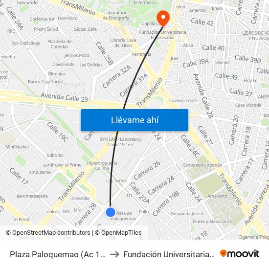 Plaza Paloquemao (Ac 19 - Kr 27) (A) to Fundación Universitaria Empresarial map