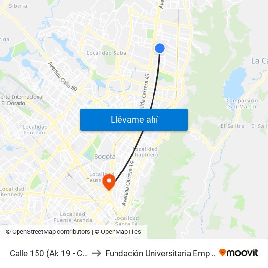 Calle 150 (Ak 19 - Cl 150) to Fundación Universitaria Empresarial map