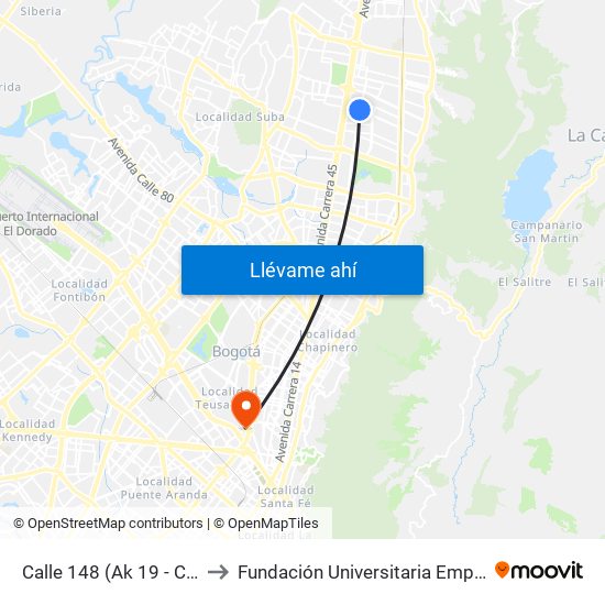 Calle 148 (Ak 19 - Cl 148) to Fundación Universitaria Empresarial map