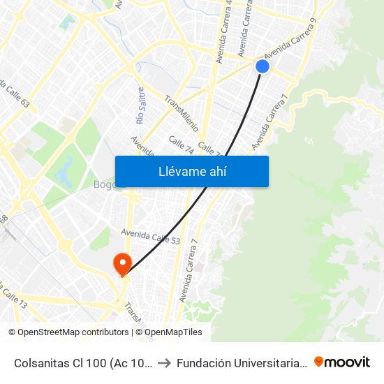 Colsanitas Cl 100 (Ac 100 - Kr 14) (C) to Fundación Universitaria Empresarial map