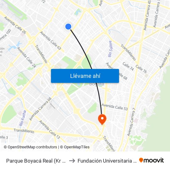Parque Boyacá Real (Kr 74a - Cl 69a) to Fundación Universitaria Empresarial map