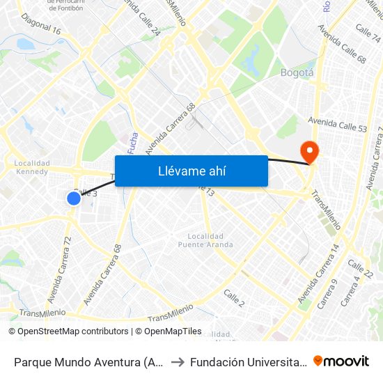 Parque Mundo Aventura (Av. Boyacá - Cl 2) (A) to Fundación Universitaria Empresarial map