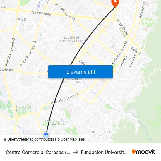Centro Comercial Caracas (Cl 50a Sur - Kr 9) (A) to Fundación Universitaria Empresarial map