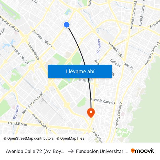 Avenida Calle 72 (Av. Boyacá - Ac 72) (A) to Fundación Universitaria Empresarial map