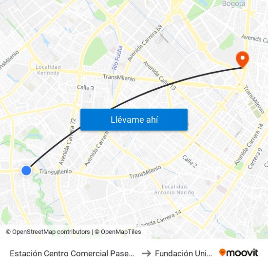 Estación Centro Comercial Paseo Villa Del Río - Madelena (Auto Sur - Kr 66a) to Fundación Universitaria Empresarial map