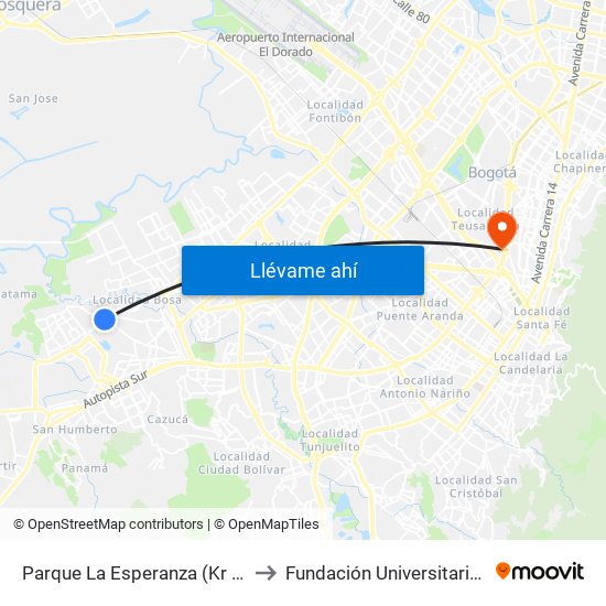 Parque La Esperanza (Kr 80j - Cl 75 Sur) to Fundación Universitaria Empresarial map