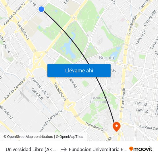 Universidad Libre (Ak 70 - Ac 53) to Fundación Universitaria Empresarial map