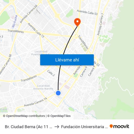 Br. Ciudad Berna (Ac 11 Sur - Kr 12c) to Fundación Universitaria Empresarial map