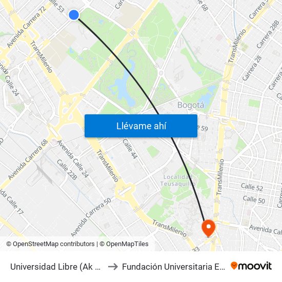 Universidad Libre (Ak 70 - Cl 54) to Fundación Universitaria Empresarial map