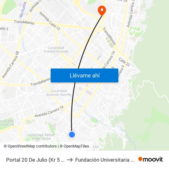 Portal 20 De Julio (Kr 5 - Cl 31 Sur) to Fundación Universitaria Empresarial map